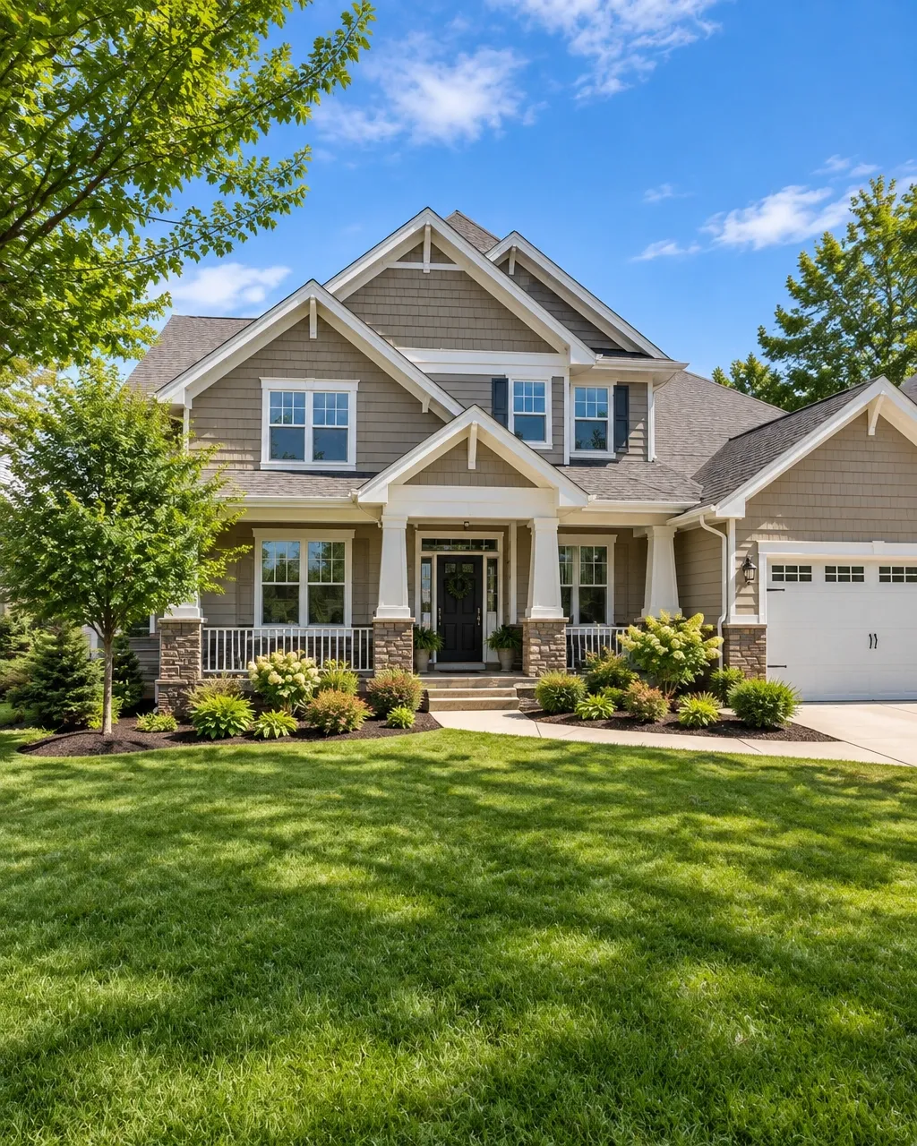 Welcoming Wisconsin home with a landscaped front lawn