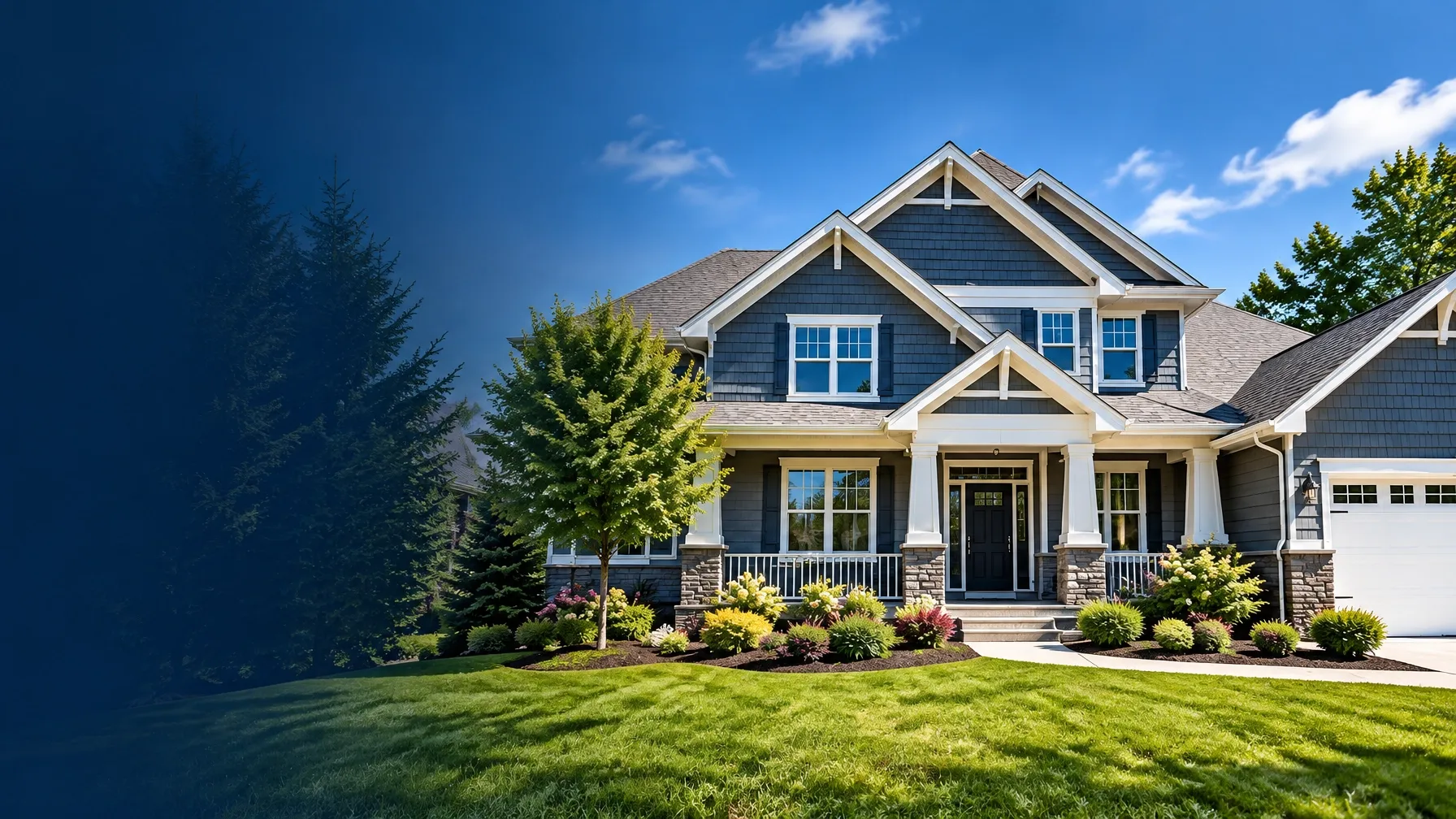 Blue-gray Wisconsin home with a welcoming porch and landscaped lawn